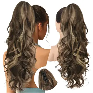 Japanese Tech 24" Long Curly Wavy Claw Clip-In Ponytail Extension Medium Blonde with Highlights Synthetic Fibers for Daily Party Use jaw