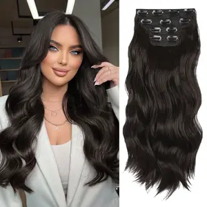[Vigorous] Brown Black Clip in Hair Extensions Long Wavy Synthetic Hairpieces for Women and Girls, Easy to Install for Daily Use and Event Party Use