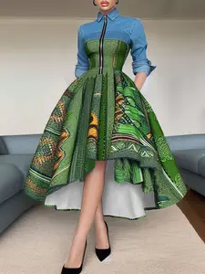 Women's Elegant Chic Patchwork Dress, Long Sleeve Stand Collar Design, Slim-Fitting Party Gown Formal Wear, All Seasons Fashion Womenswear