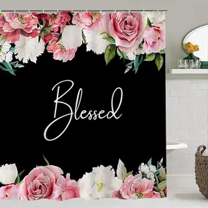Creative Rose Shower Curtain Set with Text Design, Includes Bath Mat, Toilet Lid Cover, Hooks, Perfect Bathroom Accessories Gift