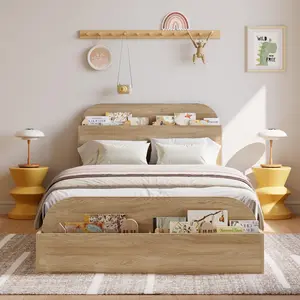 Twin Size Bed Frame, Wooden Beds with Storage Headboard and Raised-Foodboard for Kid, Twin-Floor Low Platform Bed for Bedroom, Sturdy Wooden Slats Support, No Box Spring Needed