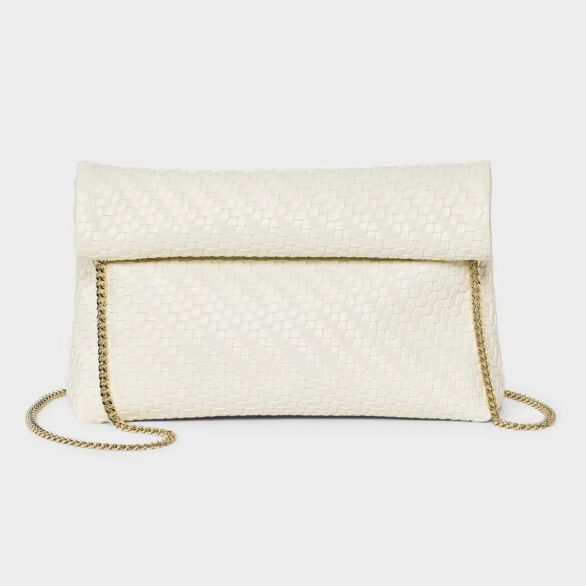 Women's Unstructured Woven Fold Over Clutch - A New Day Off-White, Polyurethane Vinyl Fabric, Interior Zipper Pocket, Detachable Metal Chain, Magnetic Closure