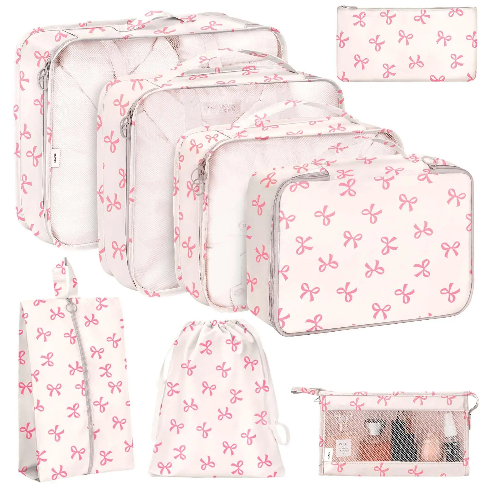 8 Set Packing Cubes for Travel, Luggage Packing Organizers Accessories Large Toiletries Bag for Clothes Shoes Cosmetics (8Set-Pink Bow)
