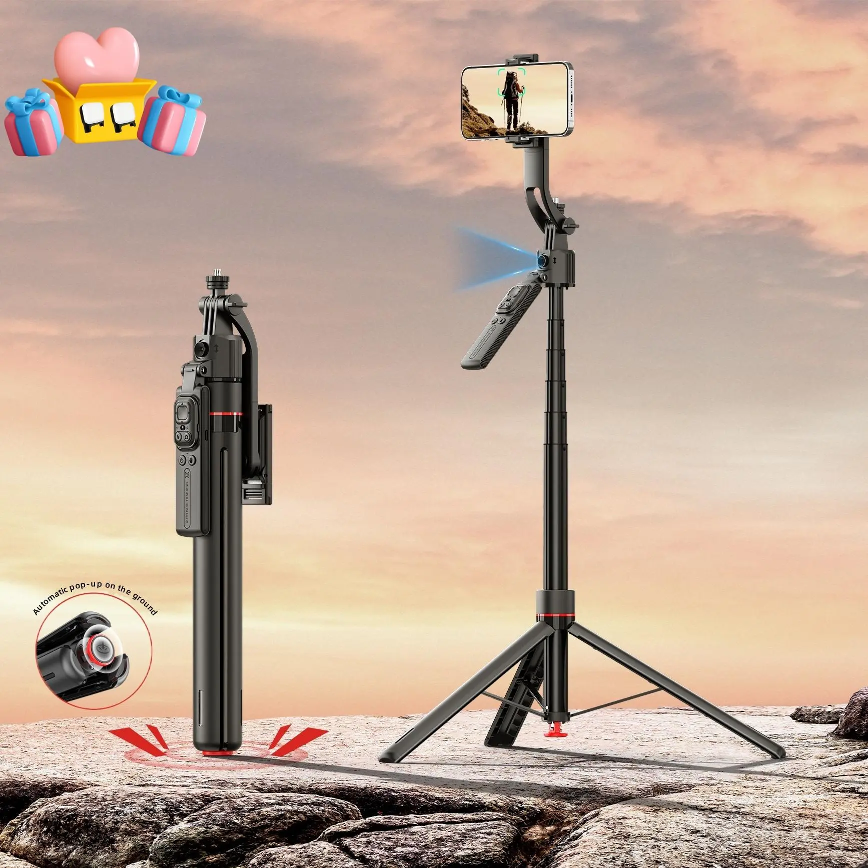 Auto-popup Tripod Selfie Stick, AI Face Tracking Selfie Stick with 2 Fill Lights, 360° Panorama Selfie Stick for Vlog, Live Stream & Photo, Smartphone, Travel Tripod
