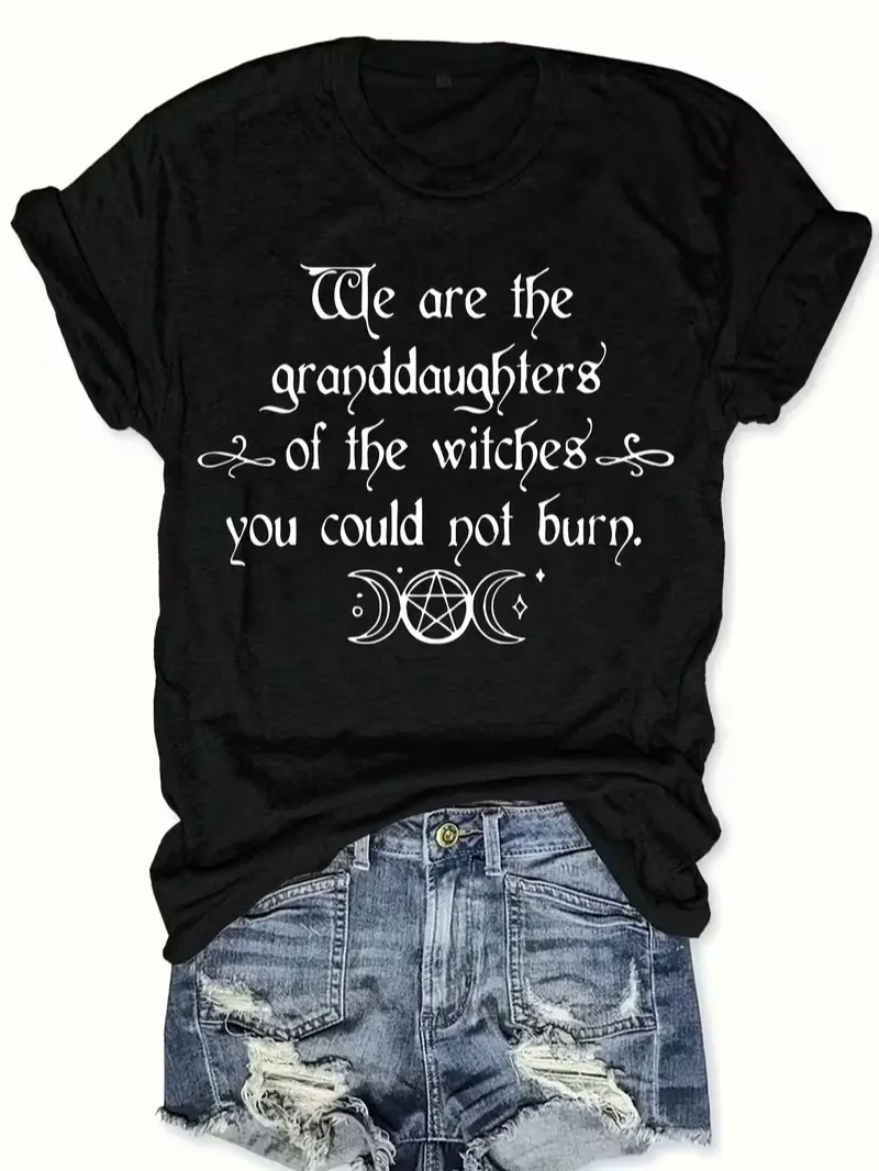 Men's Fitted Cotton Gothic Witchy T-Shirt, "We Are The Granddaughters Of The Witches" Print, Casual Everyday Top,summerwins