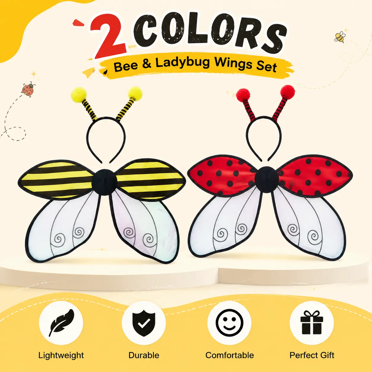 Halloween Costumes for Women Girls Cute Bee/Ladybug Wings with Headband Set Bumblebee Ladybug Fairy Wings and Antenna Headband Kit Adult Kids Insect Cosplay Outfit for Holiday Carnival