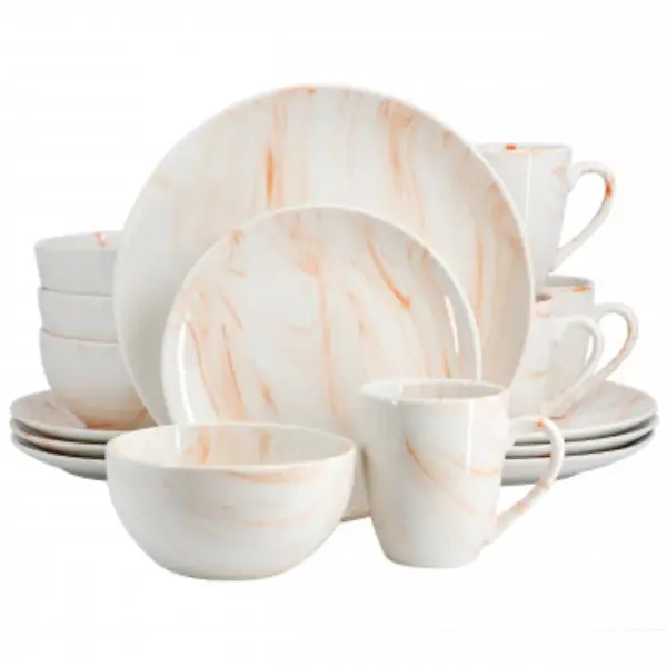 Elama EL-FINEMARBLE-O Fine Marble Porcelain Dinnerware Set in Orange - 16 Piece