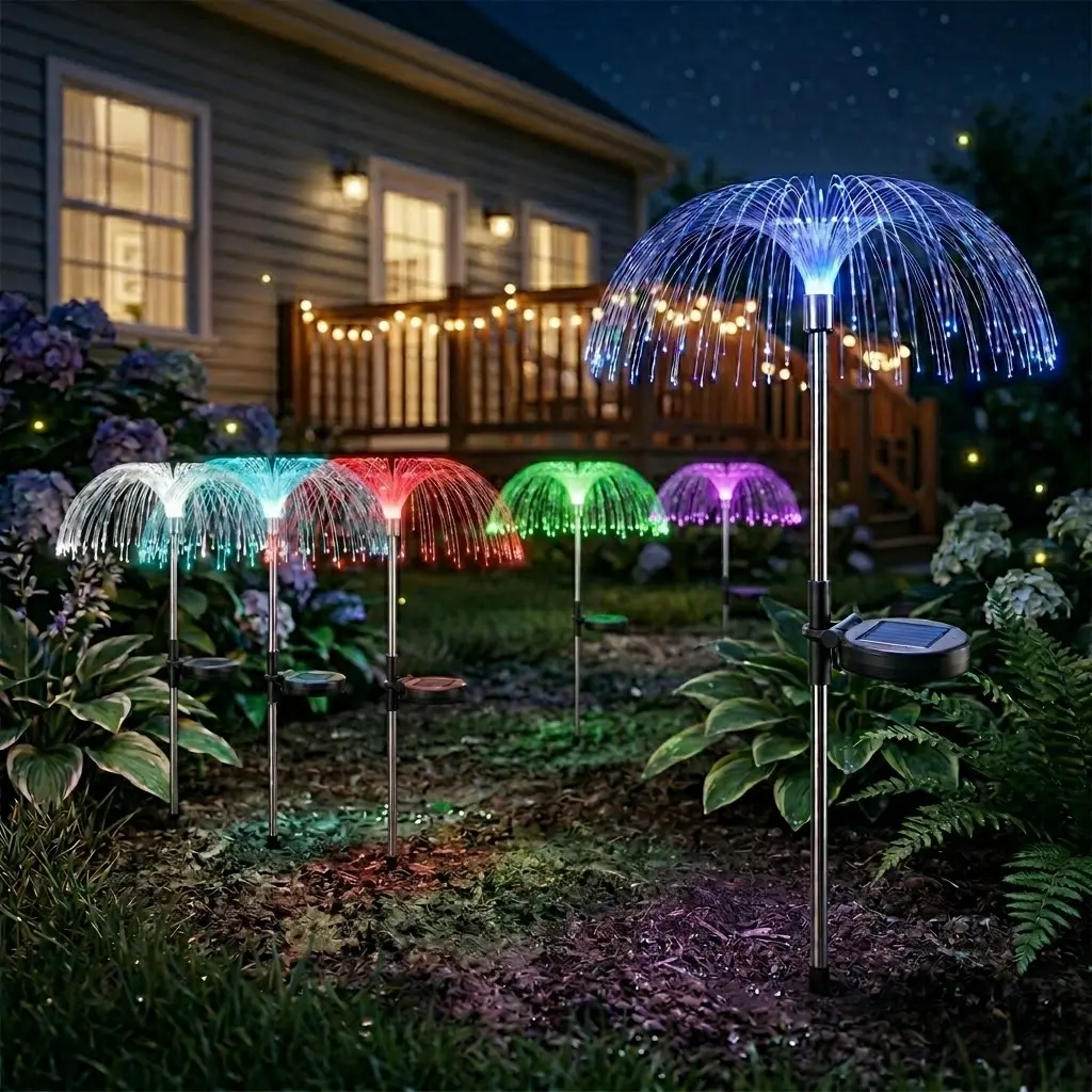 4-Pack Solar Jellyfish Decorative Garden Lights - Wire-Free Durable Waterproof Ground-Mounted Optic Fiber Yard Lighting, 7-Color Changing, 2-Second Installation, Renters Friendly Off-Grid Outdoor Home Decor