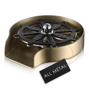 Robin Cup Wash - Brushed Gold Metal Cup Washer for Sink Stainless Steel, Upgraded 360° Rotating Spout Glass Rinser for Kitchen Sink, Bar Kitchen Sink Accessories (Brushed Gold)