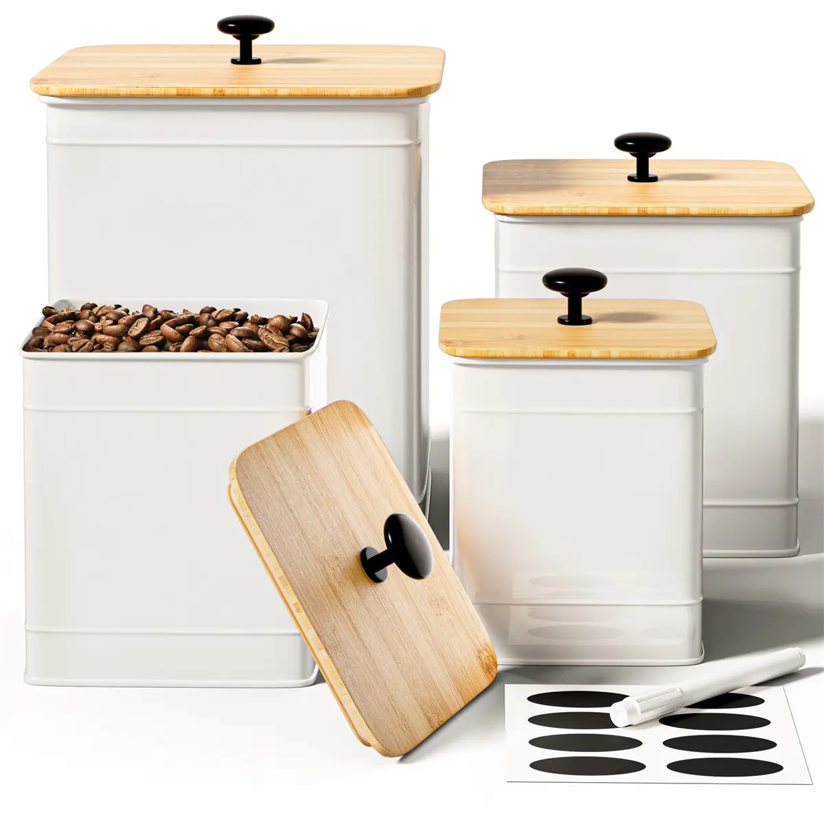 Kitchen Canisters for Countertop Set of 4 with Customizable Chalkboard Labels & Marker Pen - Big Iron Kitchen Canisters with Airtight Lids - Canisters Sets for the Kitchen - White Kitchen Canister Set