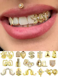 1pc Gold Teeth Grillz for Women Men Dental Grillz Grills Silver Tooth Cap Top or Bottom Grills Cap Grillz Golden Tooth Jewelry CZ Diamond Flower Star Heart Dollar Shape Mouth Grills Men Hip Hop Outfits Custom Accessory For Mother's Day For Daily Decorati