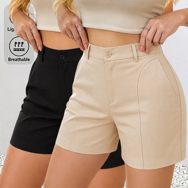 2-pack women’s black casual work shorts, high-waisted shorts with front drawstring design, stylish retro casual summer shorts, work casual style