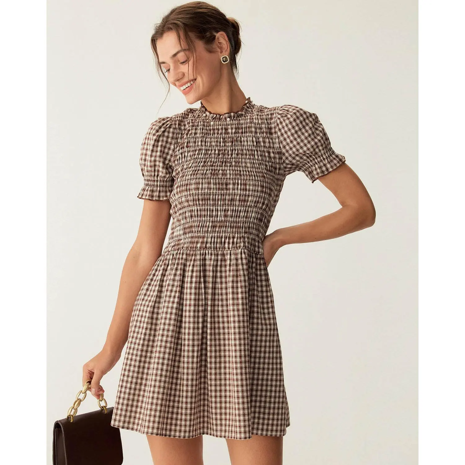 Rihoas Women's Soft Cotton Coffee Plaid Short-Sleeve Dressy Fitted-Waisted Casual Mini Dress for Ladies - Puffed Sleeves, Ruffled Details, 1-Piece
