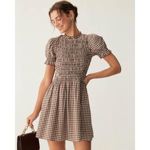 Rihoas Women's Soft Cotton Coffee Plaid Short-Sleeve Dressy Fitted-Waisted Casual Mini Dress for Ladies - Puffed Sleeves, Ruffled Details, 1-Piece