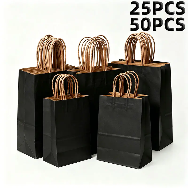Brown Kraft Paper Handle Bags - 25/50pcs Rustic, Plain, Practical Retail Packaging Bags for DIY Crafts, Gifts, Office Use, Versatile Home & Festive Party Supplies, Book Storage
