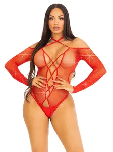 Women's Rhinestone "Say My Name" Crotchless Teddy Bodysuit, Fishnet-Lace Fabric, Breathable Lingerie