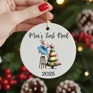 Baby Girl's First Christmas Ornament - Personalized Ceramic Keepsake with a Ballerina Bunny Decorating a Tree, "Mia's First Noel 2025" Text Magical Gift Standing Light Round Star Glossy Print