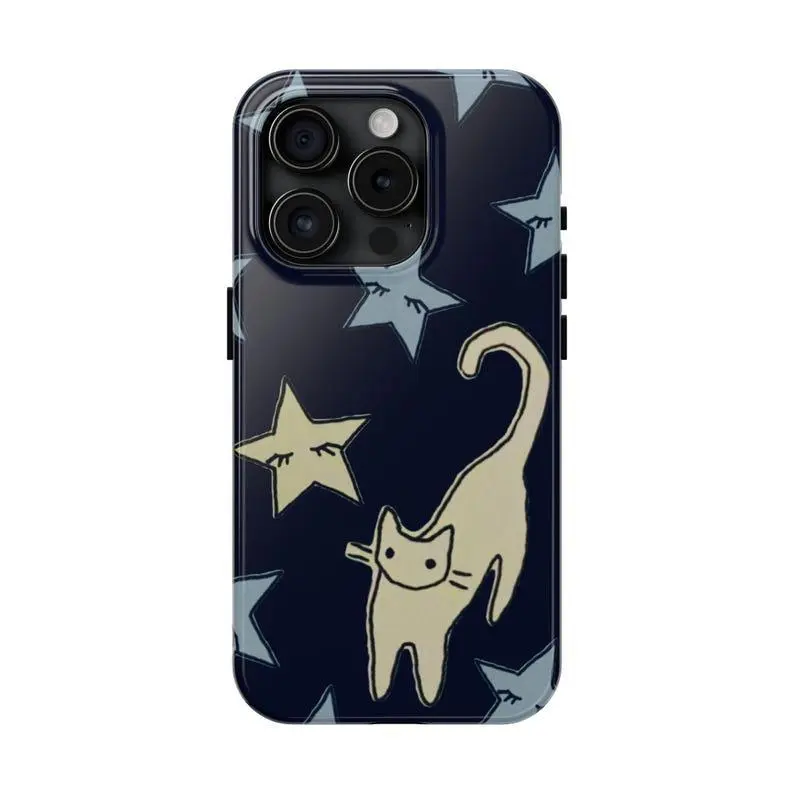 Cat and Stars Phone Case Cute Animal Celestial Dreams Night Girly Hand-Drawn Suitable For iphone 17 pro case iphone 16 pro max case 15 14 13 12 11 & Samsung S25 Ultra, cute pretty phone cases, PC & TPU Hybrid Shockproof phone case