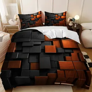 Bedding Set - 3PCS Black and Orange 3D Cube Design Down Comforter Set (1 comforter cover + 2 pillowcases, filling not included) A perfect gift for family and friends, soft and comfortable, suitable for family bedrooms and guest rooms.