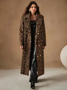 Women's Leopard Print Suede Velvet Double-Breasted Fitted Coat, Wide Shoulder Windbreaker Jacket for Fall & Winter, Stylish Outerwear