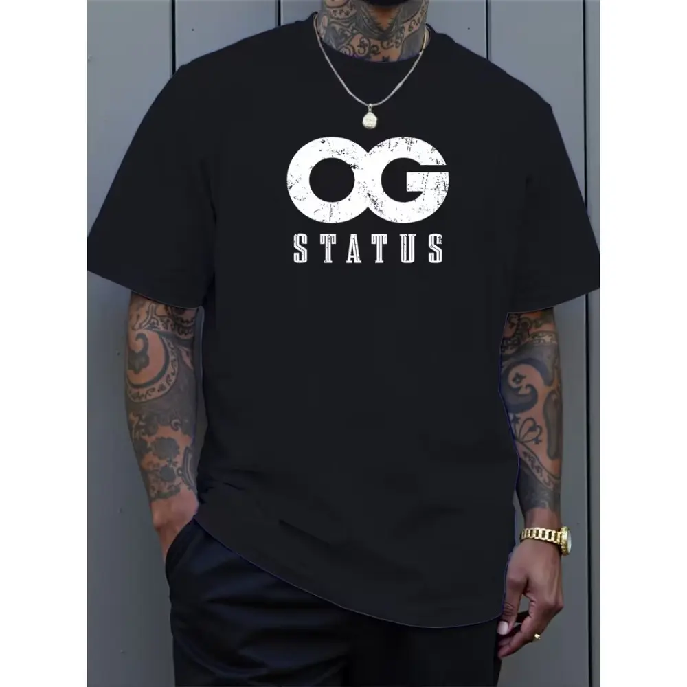 Men's Large 'OG Status' Graphic T-Shirt - Bold White OG Lettering Crew Neck Short Sleeve Shirt, Casual Summer Streetwear with Comfortable Fit & Machine Washable Suitable for Casual Attire, Gym, Lounge, PLUS SIZE