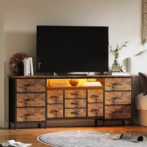 Modern 70 Inch Long Dresser & TV Stand, Fits 65-80 Inch TV with 13 Fabric Drawers, LED Lights and Built-in Charging Station, Wide Storage Organizer Cabinet with Metal Frame for Bedroom Living Room
