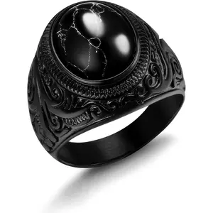 Retro Tiger Eye Stone Mens Rings, Black Onyx Rings for Men Stainless Steel Ring Oval Biker Ring for Mens