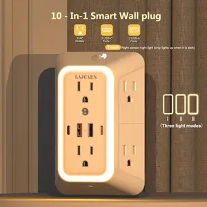 2026 NEW LAJCAEN 10-In-1 Multifunctional USB Power Outlet Wall Charger Surge Protector With Night Light ,6  Widely AC Outlets With 4 USB Ports (2A 2C), Safe and Portable,3-Sided 1050J  Wall Charger for Home, Dorm, Office, and Travel , Business
