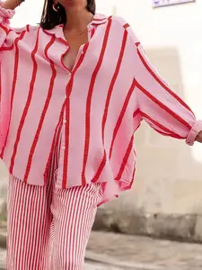 Spring Autumn New Women's Casual Fashion Striped Wide Pajamas Loungewear Top, Suitable for Home or Outdoors, All Seasons