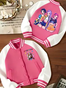 Girl Group  Girls Short Baseball Jacket with Cartoon Design, Fitted Activewear for Kids, Elastic Fabric for Fall & Winter, Trendy School Uniform for Halloween