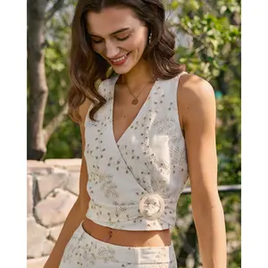 Rihoas Women's Beige Woven Slim Sleeveless V-Neck Embroidery Tank Top - Polyester-Cotton Plant Fabric Wrap Clothes with Buttons, Hip-Flattering Office Wear