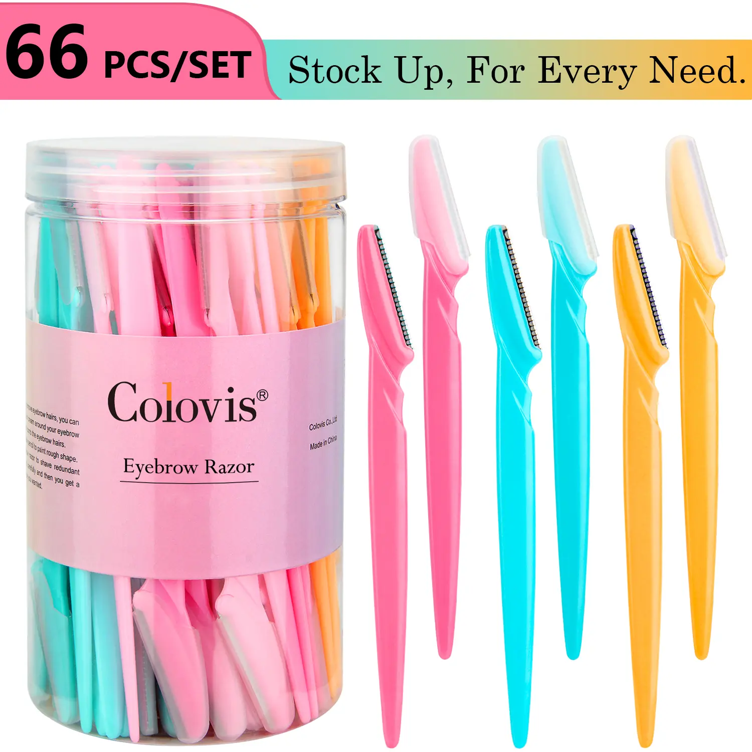 Colovis 66 Pack Eyebrow and Face Razors for Women & Men, Safe Dermaplaning Grooming Tool with Stainless Steel Blades and Protective Covers, Handle, Personal Grooming, Plastic, Makeup, Storage, Eyebrows, Face & Body, 66Pcs, Adults, Vibrant, Shave Gently