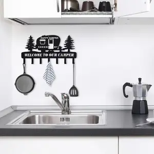 Rustic Camper Key Holder with 7 Hooks, Pine Tree Design Wall Mount Design Metal Wall Rack, Kitchen Decorative Storage Rack for Kitchen