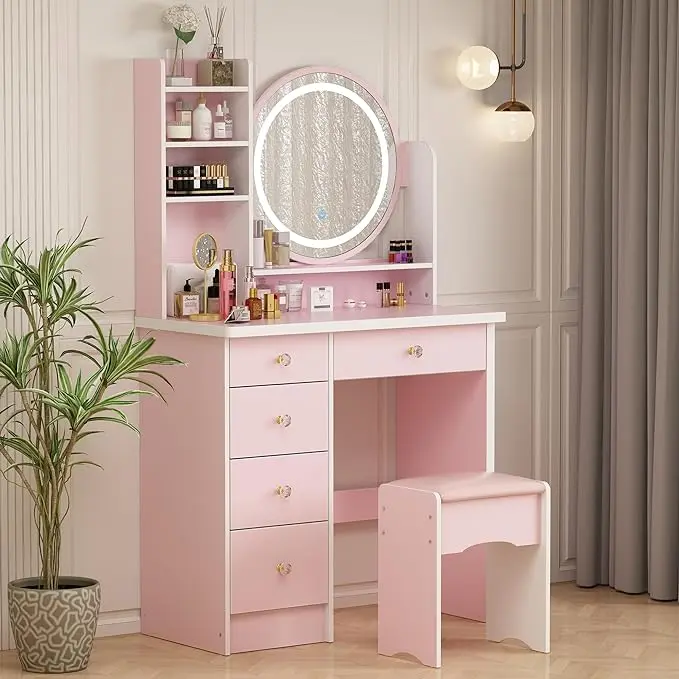 FUFU&GAGA Upgraded Particle Board Makeup Vanity Desk Set - 5 Drawers, Light Shelf, Round Mirror, Cushioned Stool, Organized Storage, Lights Included, Requires Assembly, Single Seat