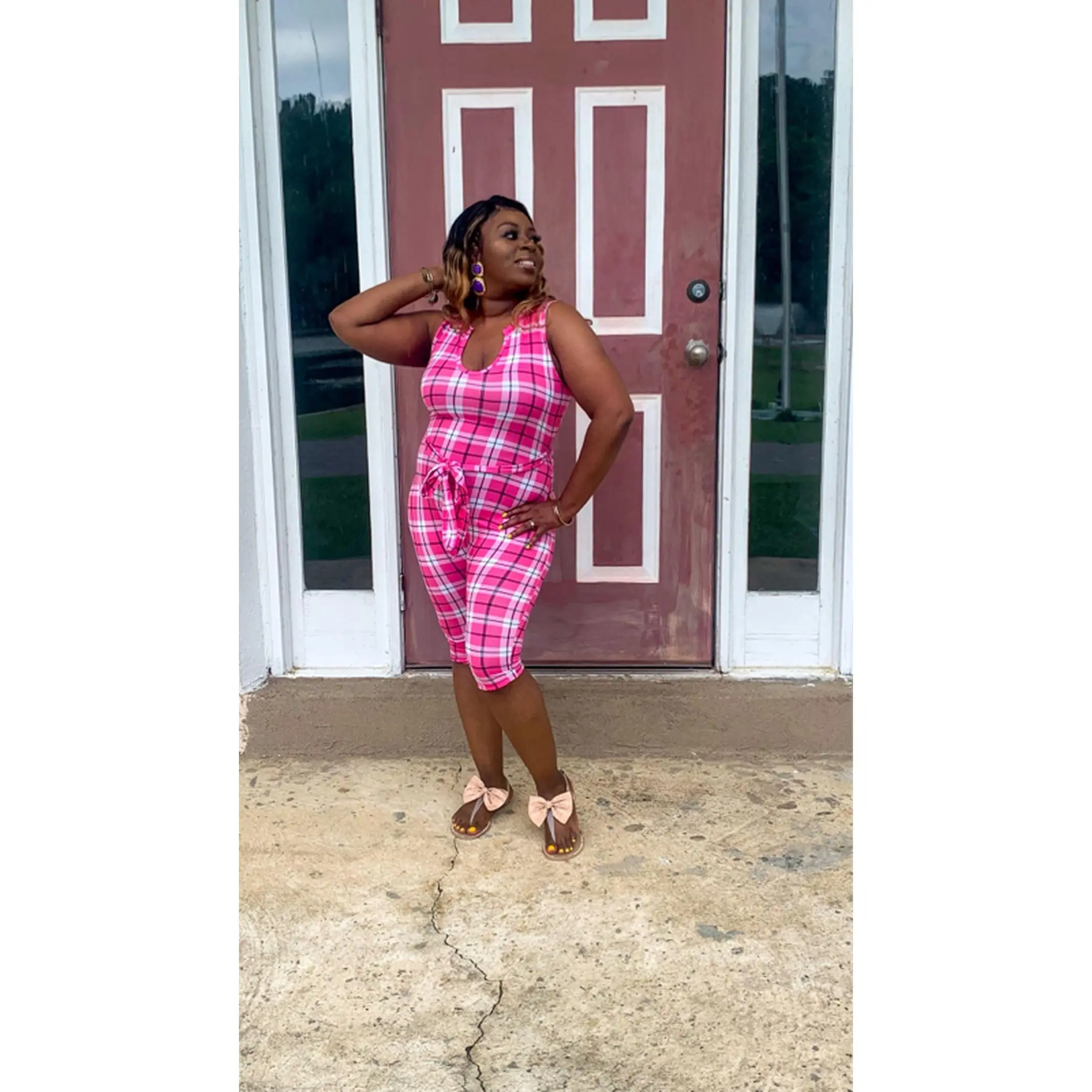 Pink Checked Fitted Jumpsuit - Wide-Leg Style, Regular Fit, Machine Washable, Trendy & Comfortable for Summer & Spring