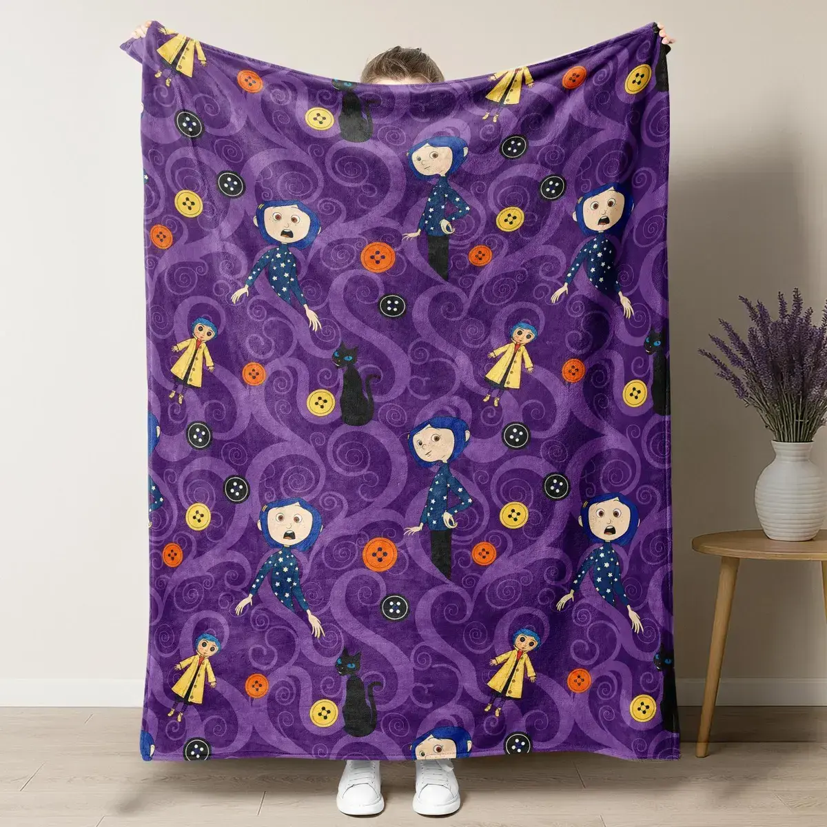 Soft Flannel Throw Blanket Coraline All Over Print Purple Swirl Black Cat Button Pattern Spooky Movie Fan Home Decor Best Friend Birthday Gift Cute Couple Gifts