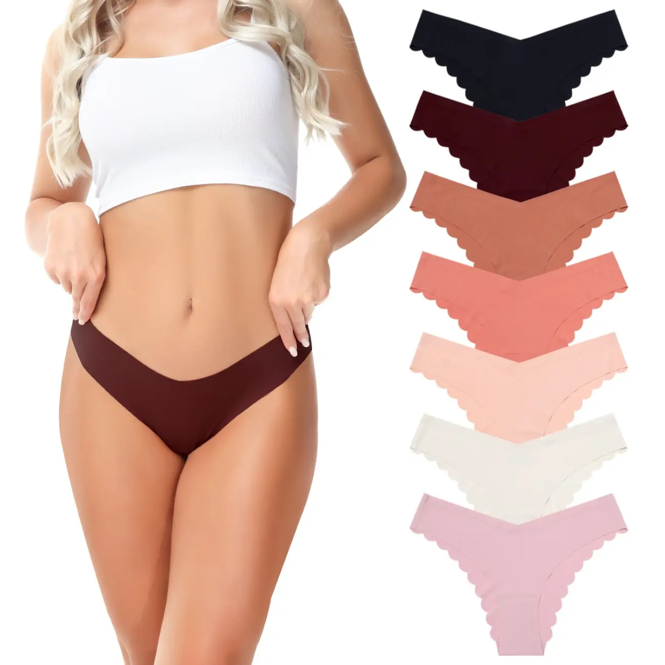 7 Pack Basic Underwear Set for Women, Seamless No Show Thong Panties in Soft Nylon Fabric with a Minimalist V-Cut Waist, Garment, Lady, Lingerie, Breathable, Panty, Cheeky Bikini, Low Waist