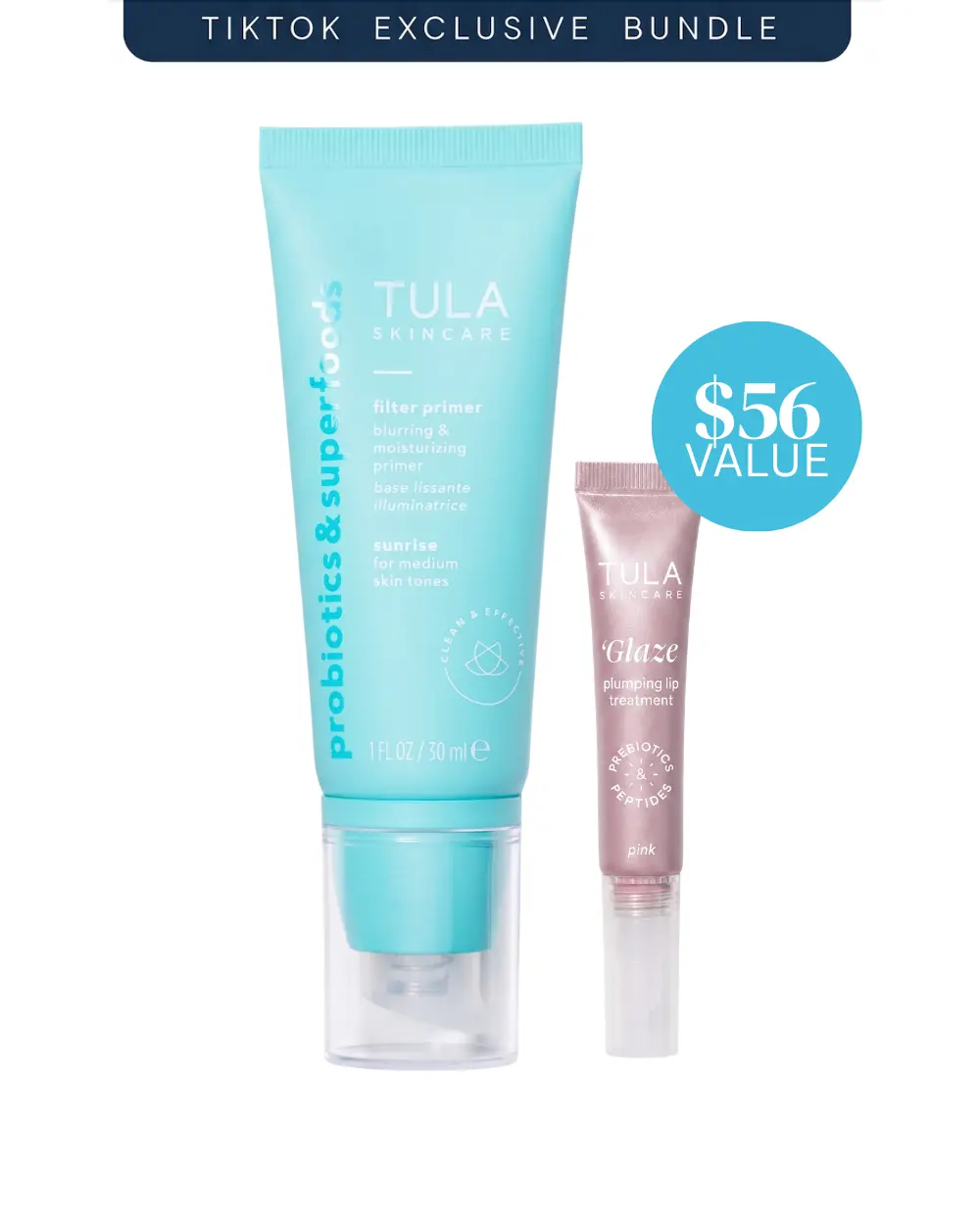 Tula TTS Exclusive Primer + Plump Bundle: Filter Primer (Sunrise - Medium) & Pink 'Glaze Lip Treatment