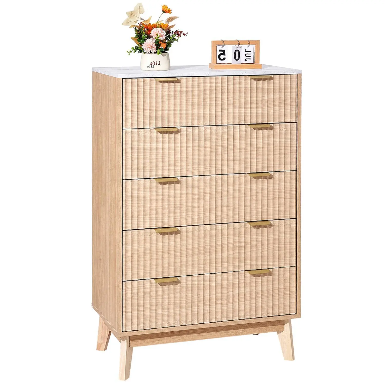 【SummerFinds】VEVOR 5-Fluted Rectangle Particle Board Drawers Cabinet, Sliding Door & Stable Anti-Tip Device Fluted Sides Chest, Modern Minimalist Storage Cabinet for Bedroom, Living Room, Easy Setup for Minimalist Decluttering, Modern Storage Cabinets