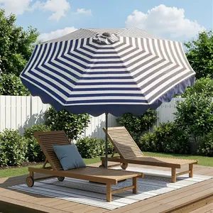 10Ft Classic MidCentury Scalloped Fringe Market Patio Umbrella with One Button Tilt, Handle Crank Solar powered Outdoor Parasols, Wind Vent and UV Protection for Garden Lofi Porch Pool, Premium