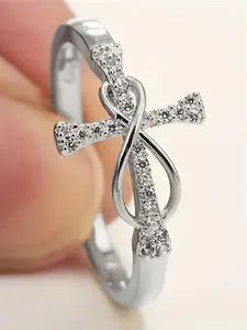 Fashion Rhinestone Cross Design Ring, Rhinestone Decor Ring, Fashion Engagement Rings, Wedding Engagement Bridesmaid Costume Dress Prom Jewelry, Trendy All-match & Exquisite Jewelry for Birthday Gift for Women & Girls, Valentine's Day, Gift