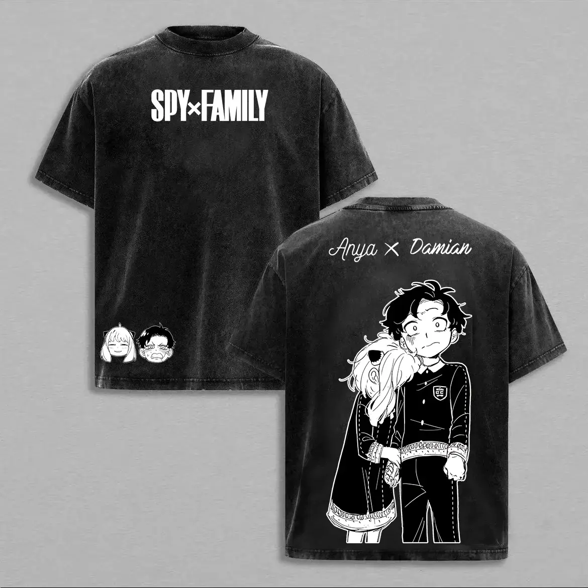 Unisex Spy x Family Anya-Damian Graphic T-Shirt - Vintage Washed, Oversized, Short Sleeve, Comfortable Soft Cotton, Casual Fashion Fit Damianya Anime Streetwear Top for Otaku Fans