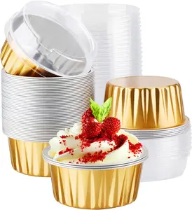 Disposable Gold 50pcs 5oz Mini Aluminium Foil Baking Ramekins with Lids, Creme Brulee Cupcake Liners, Dessert Cheesecake Pans Flan Molds Containers for Party Birthday Favor
