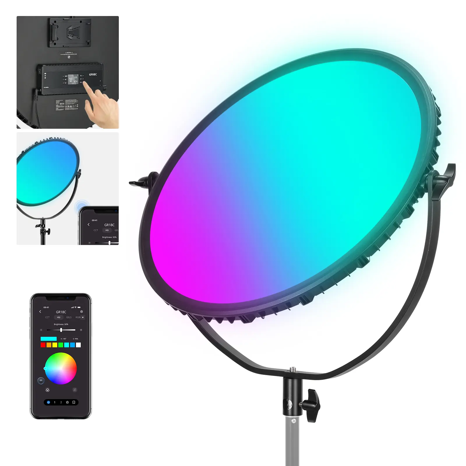 NEEWER 18" RGB LED Round Panel Video Light with APP Control, 65W 6000Lux/0.5m 2500K-8500K RGBCW Photography Studio Lighting /18 Scenes/V Battery Powered for Outdoor Filming Recording Streaming, GR18C tiktokshopbacktoschool