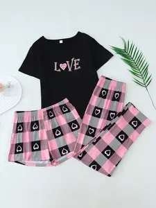 Trendy LOVE Heart Plaid 3 Piece Pajamas Set for Women Soft Comfy All Day Loungewear Sleepwear Womenswear