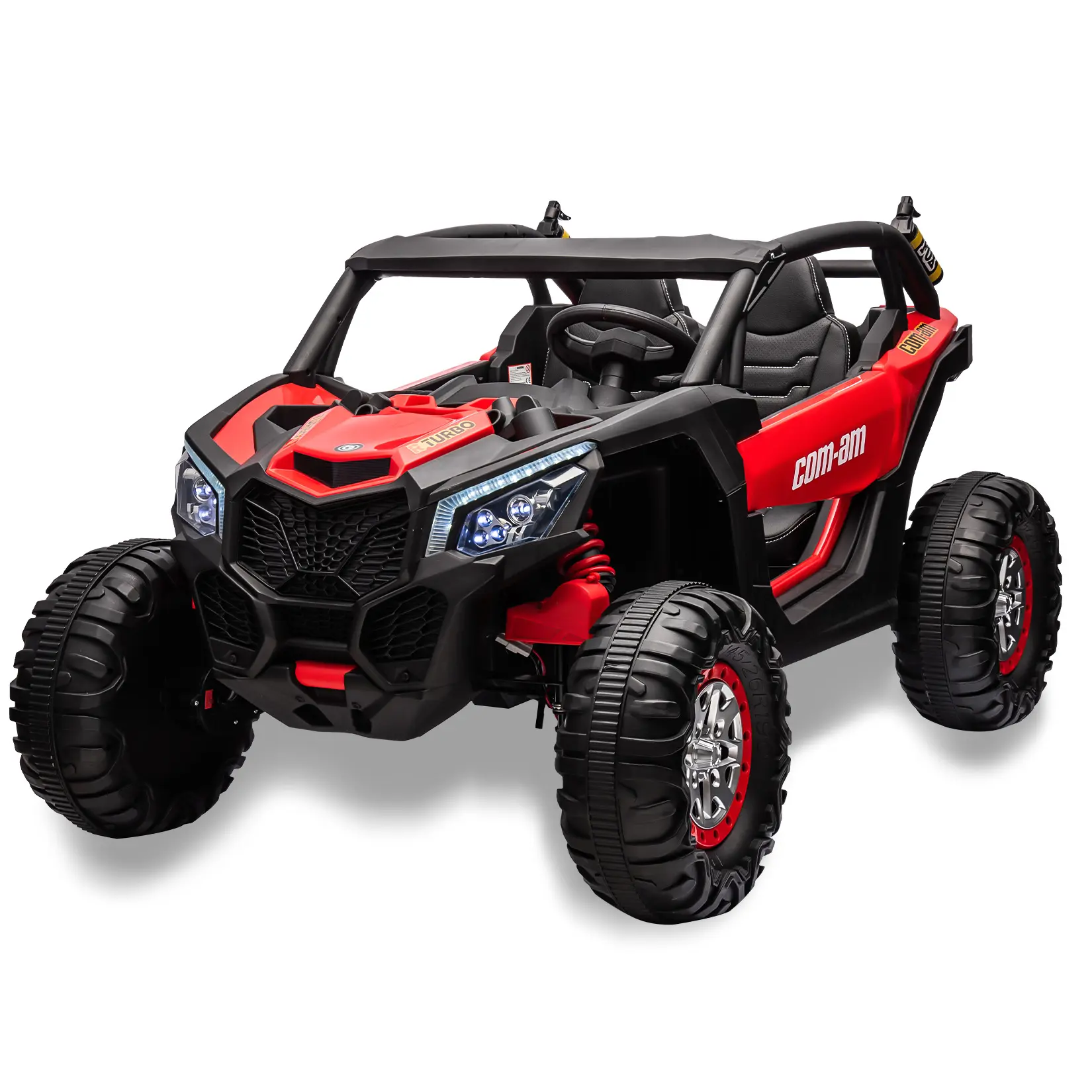 Garvee Red 24V 2Seater Ride On UTV Car With Remote Control 4WD Powerful Motors Leather Seats Music Lights And Shock Absorbers Red