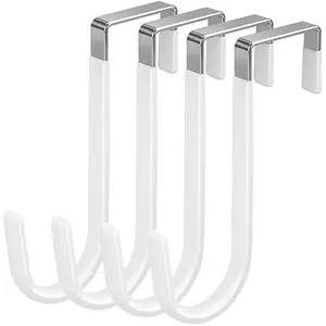 4-Pack Adjustable Over The Door Hooks, Fits 0.7-1.4in Thick Doors, Waterproof White Rubber Surface to Prevent Scratches, for Bathroom, Living Room Hanging Clothes, Towels, Bags, Water Proof