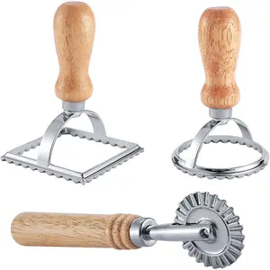 Ravioli Maker   with Roller Wheel Set, Pasta Maker Mold with Wooden Handle and Fluted Edge, Ravioli  and Press  - for Pasta, Dumplings Lasagna, Pierogi (3 Set with )