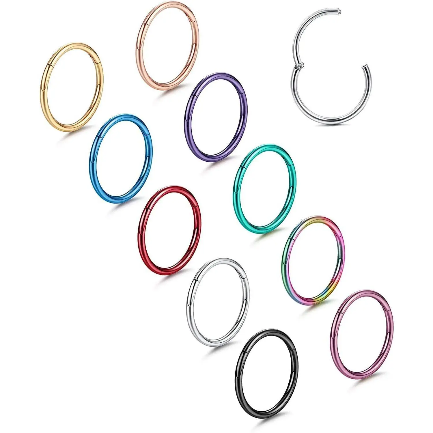 Cassieca Unisex 10-Count Hinged Clicker Body Piercing Jewelry, 16-18G Gauge, 8-12MM Hoop for Nose Piercing, Daily Wear Earrings (Suitable for Helix, Cartilage, Daith, Septum, Tragus, Sleeper, Conch)