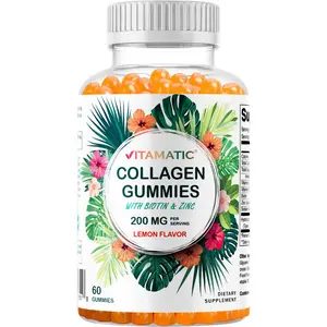 Vitamatic Hydrolyzed Collagen Chewable Gummies - 200 mg with Vitamin C, Zinc, Biotin - Gluten Free Skin Care Dietary Supplement - 60 Count for Healthy Skin, Fitness Support